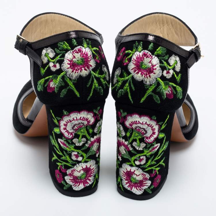 Pre Owned Etro Black Suede and Leather  Embroidered Block Heel Pumps Size 36.5
