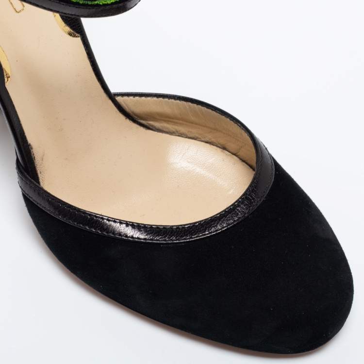 Pre Owned Etro Black Suede and Leather  Embroidered Block Heel Pumps Size 36.5