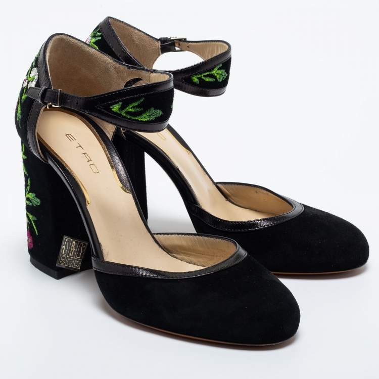 Pre Owned Etro Black Suede and Leather  Embroidered Block Heel Pumps Size 36.5
