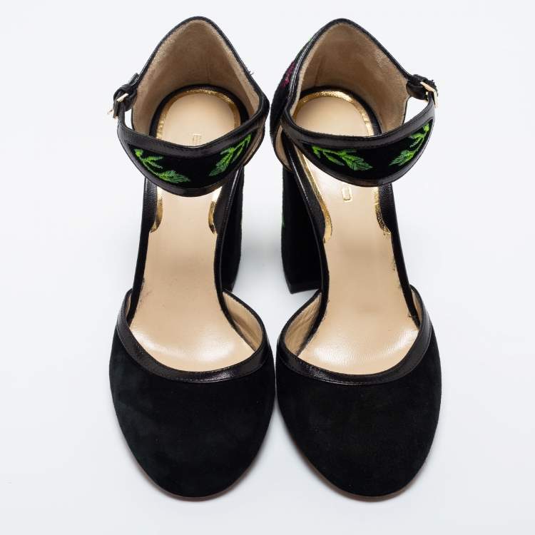 Pre Owned Etro Black Suede and Leather  Embroidered Block Heel Pumps Size 36.5