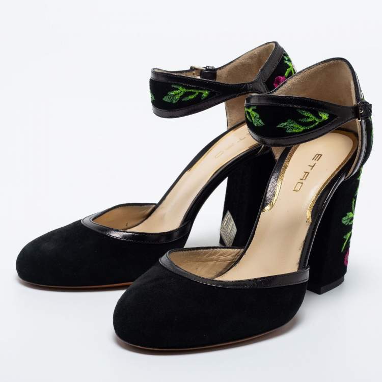 Pre Owned Etro Black Suede and Leather  Embroidered Block Heel Pumps Size 36.5