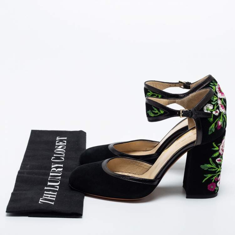 Pre Owned Etro Black Suede and Leather  Embroidered Block Heel Pumps Size 36.5
