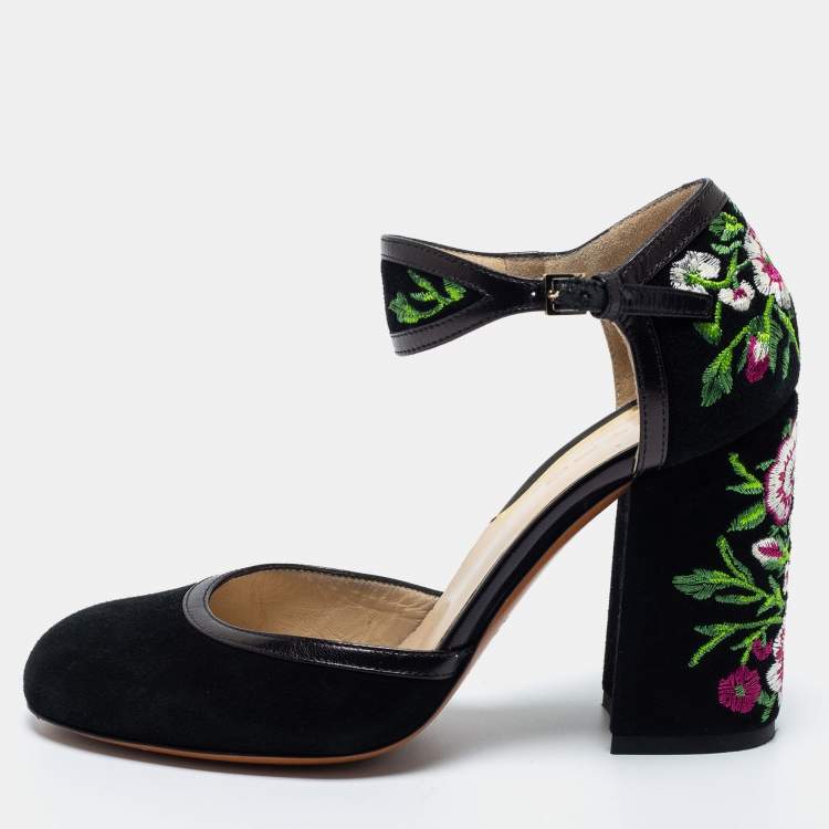 Pre Owned Etro Black Suede and Leather  Embroidered Block Heel Pumps Size 36.5