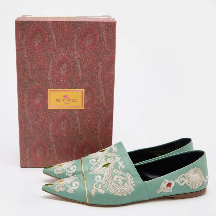 Pre Owned Etro Green Embroidered Leather Pointed Ballet Flats Size 41