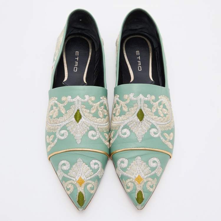 Pre Owned Etro Green Embroidered Leather Pointed Ballet Flats Size 41