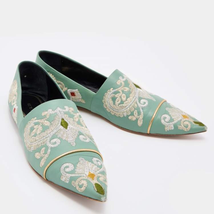 Pre Owned Etro Green Embroidered Leather Pointed Ballet Flats Size 41
