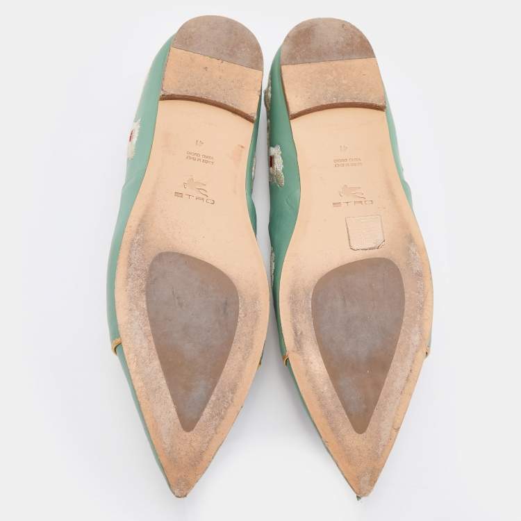 Pre Owned Etro Green Embroidered Leather Pointed Ballet Flats Size 41