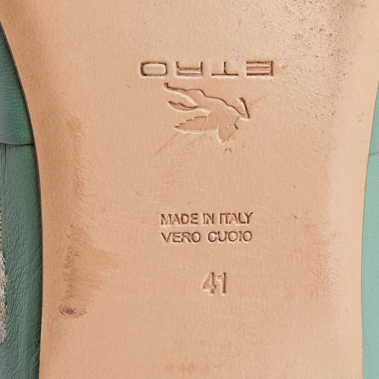 Pre Owned Etro Green Embroidered Leather Pointed Ballet Flats Size 41