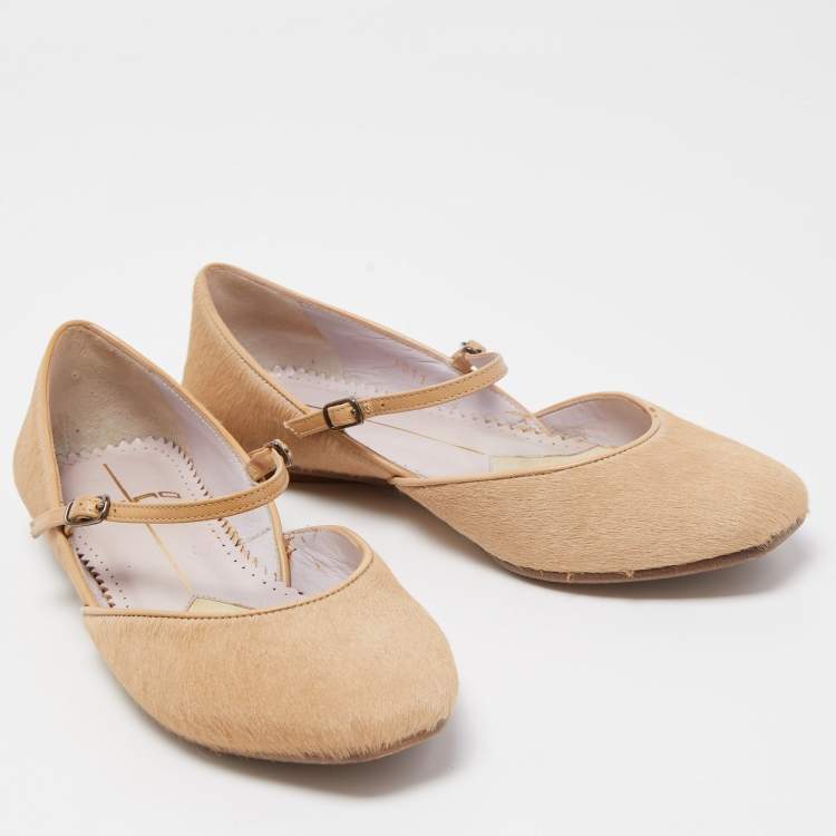 Pre Owned Etro Beige Calf Hair and Leather Mary Jane Ballet Flats Size 35.5