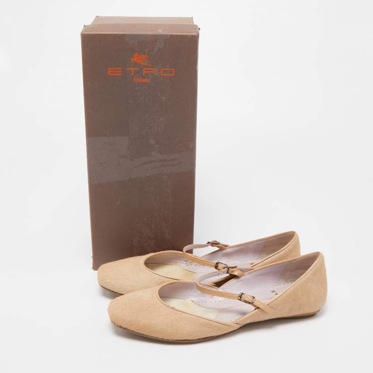 Pre Owned Etro Beige Calf Hair and Leather Mary Jane Ballet Flats Size 35.5