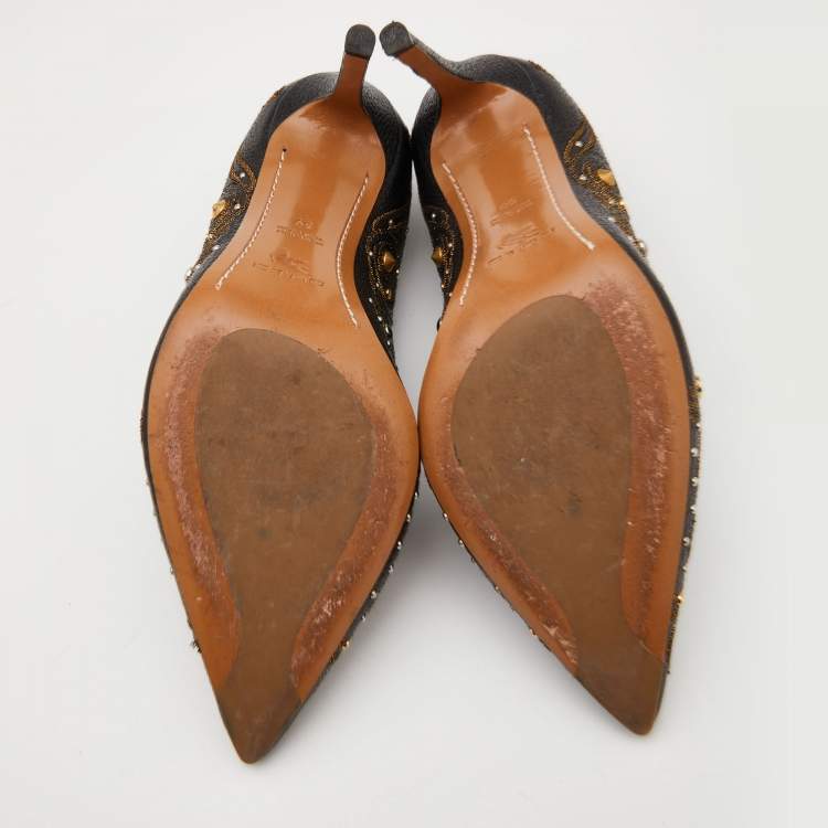 Pre Owned Etro Black Embroidered Leather Embellished Pointed Toe Pumps Size 39