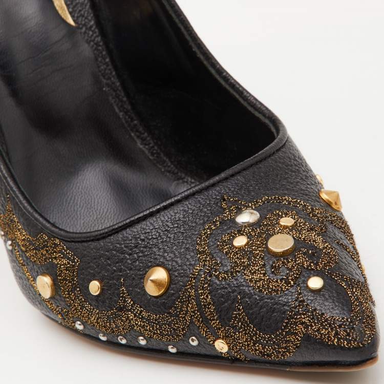 Pre Owned Etro Black Embroidered Leather Embellished Pointed Toe Pumps Size 39