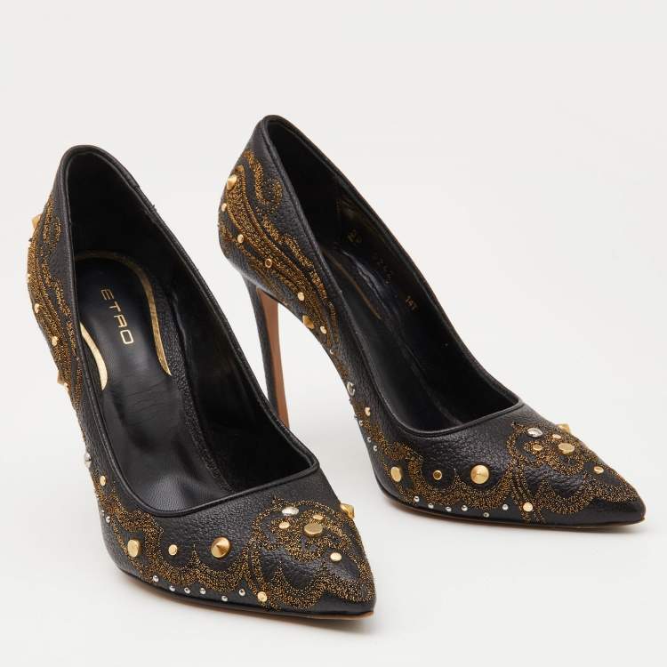 Pre Owned Etro Black Embroidered Leather Embellished Pointed Toe Pumps Size 39