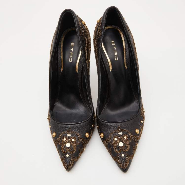 Pre Owned Etro Black Embroidered Leather Embellished Pointed Toe Pumps Size 39
