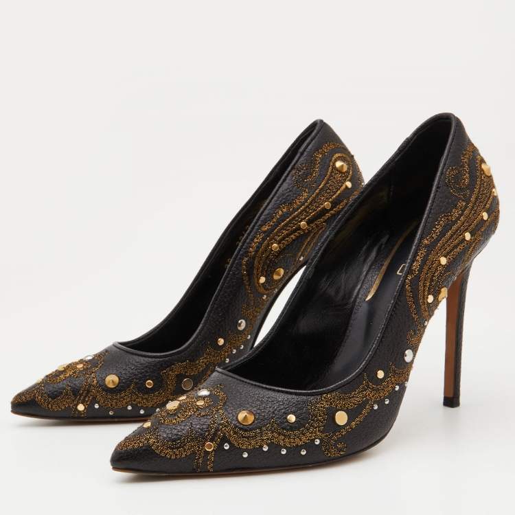 Pre Owned Etro Black Embroidered Leather Embellished Pointed Toe Pumps Size 39