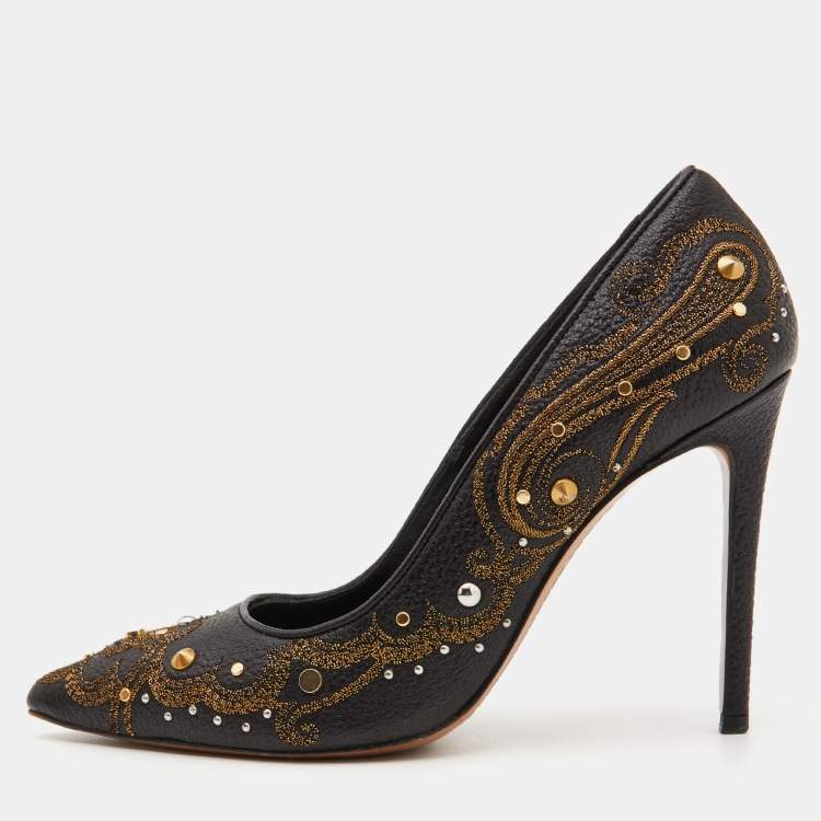 Pre Owned Etro Black Embroidered Leather Embellished Pointed Toe Pumps Size 39