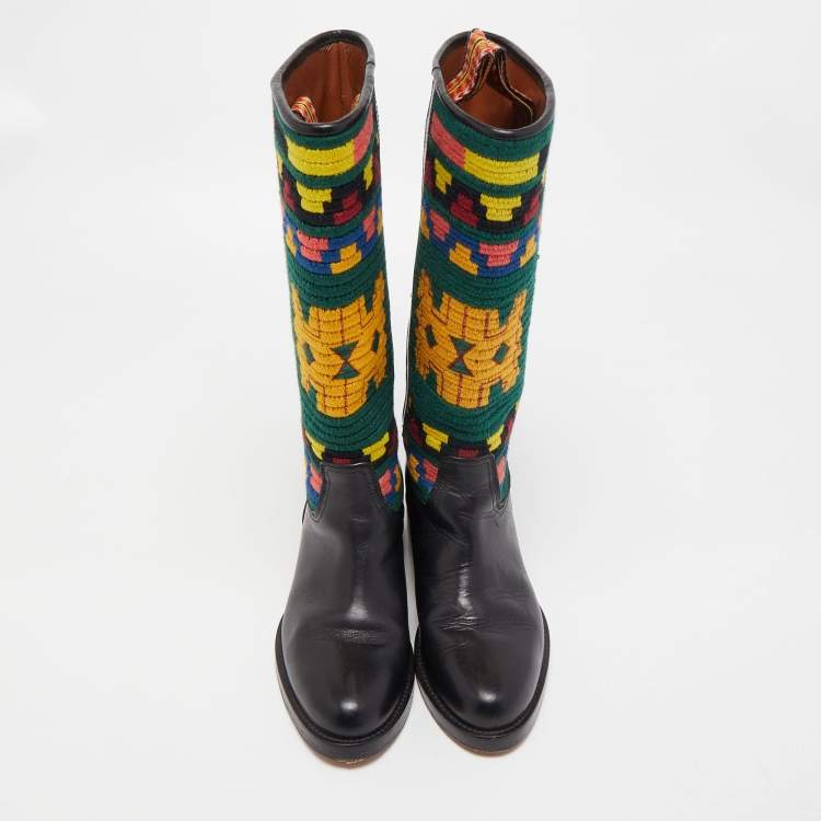Pre Owned Etro Black/Multicolor Leather Embroidered Calf Length Boots Size 37