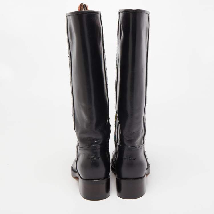 Pre Owned Etro Black/Multicolor Leather Embroidered Calf Length Boots Size 37