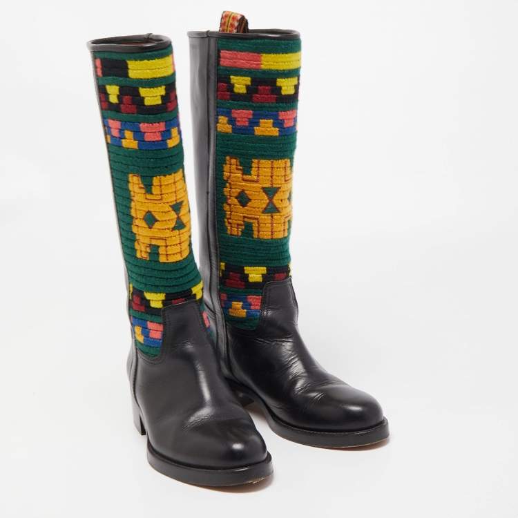 Pre Owned Etro Black/Multicolor Leather Embroidered Calf Length Boots Size 37