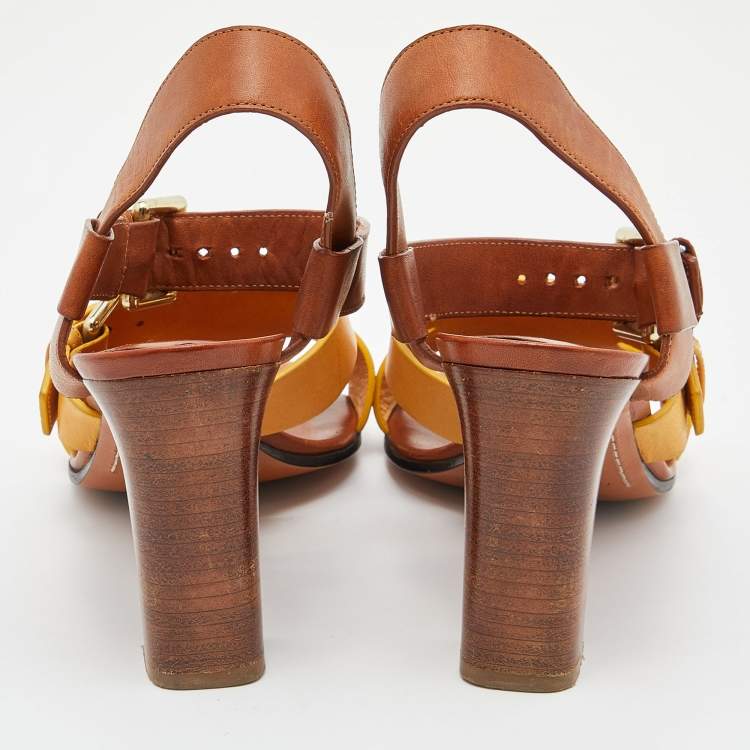 Pre Owned Etro Brown/Yellow Leather Ankle Strap Sandals Size 38