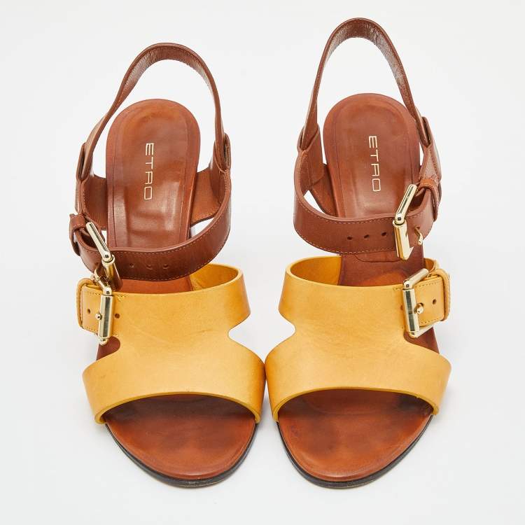 Pre Owned Etro Brown/Yellow Leather Ankle Strap Sandals Size 38