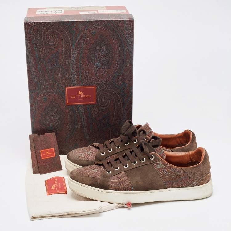 Pre Owned Etro Brown Brocade Fabric and Suede Low Top Sneakers Size 44