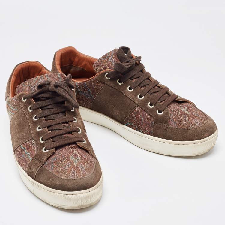 Pre Owned Etro Brown Brocade Fabric and Suede Low Top Sneakers Size 44