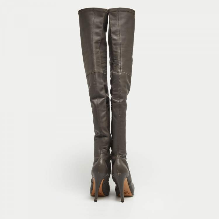 Pre Owned Etro Grey Leather Lace Up Thigh High Boots Size 39