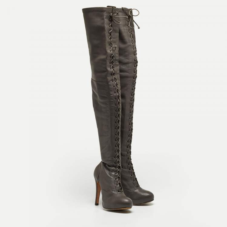 Pre Owned Etro Grey Leather Lace Up Thigh High Boots Size 39