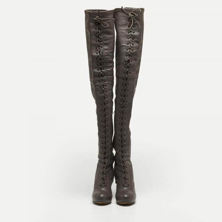 Pre Owned Etro Grey Leather Lace Up Thigh High Boots Size 39