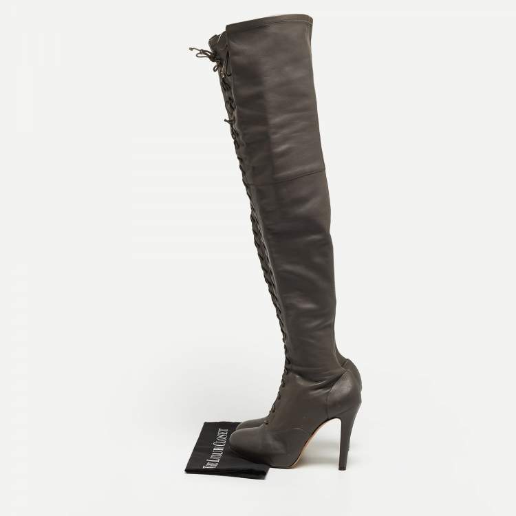 Pre Owned Etro Grey Leather Lace Up Thigh High Boots Size 39