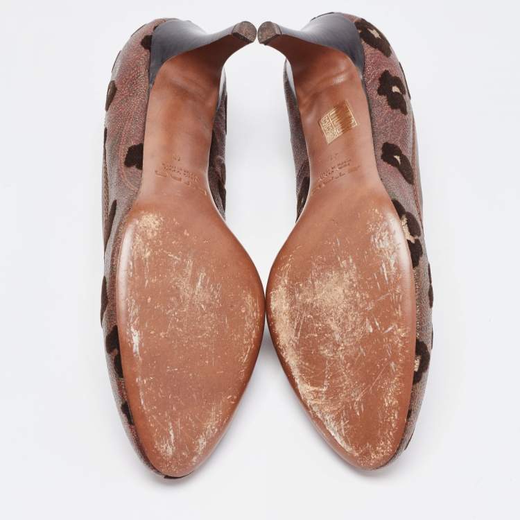 Pre Owned Etro Brown Leather and  Printed Coated Canvas Round Toe Pumps Size 41