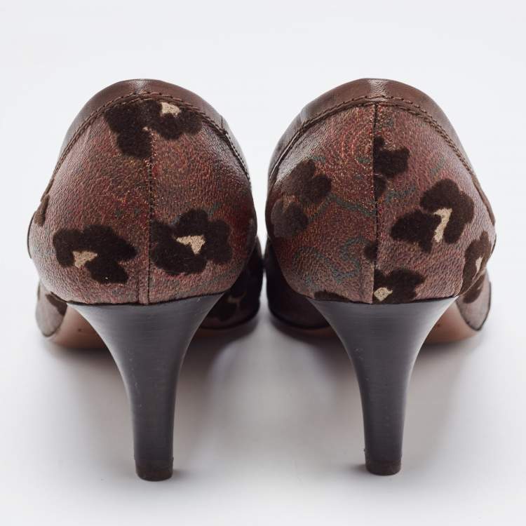 Pre Owned Etro Brown Leather and  Printed Coated Canvas Round Toe Pumps Size 41