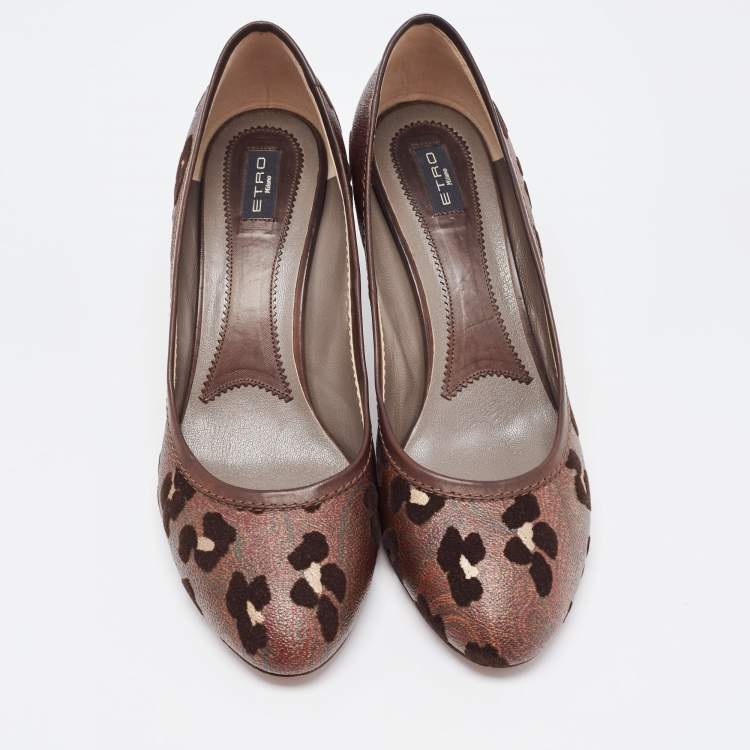 Pre Owned Etro Brown Leather and  Printed Coated Canvas Round Toe Pumps Size 41