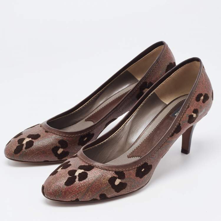 Pre Owned Etro Brown Leather and  Printed Coated Canvas Round Toe Pumps Size 41