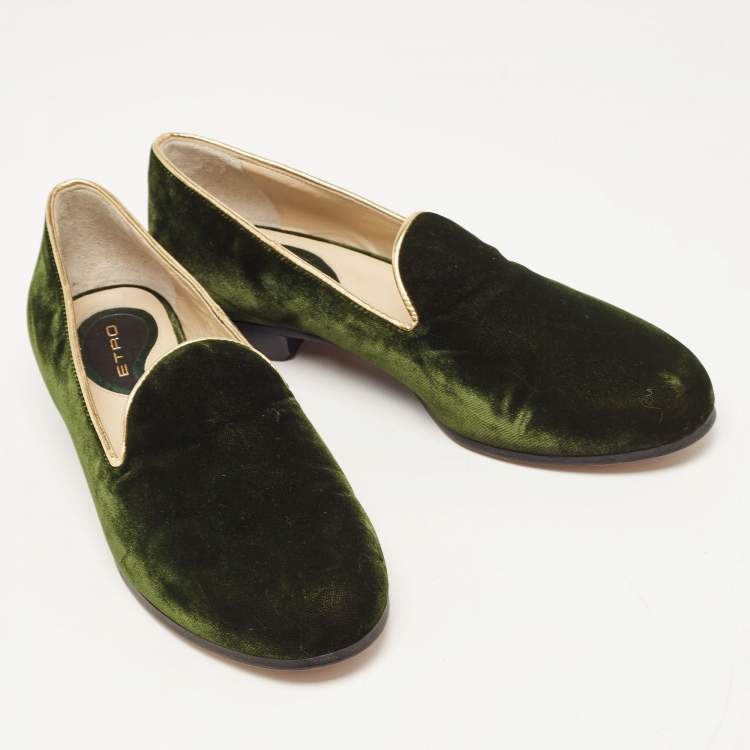Pre Owned Etro Dark Green Velvet Slip On Loafers Size 36