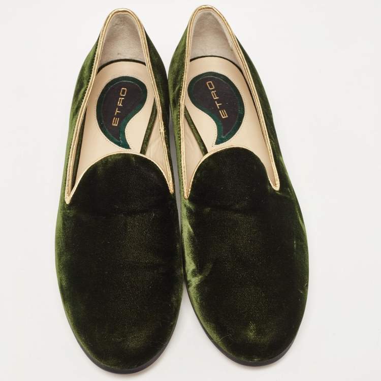Pre Owned Etro Dark Green Velvet Slip On Loafers Size 36