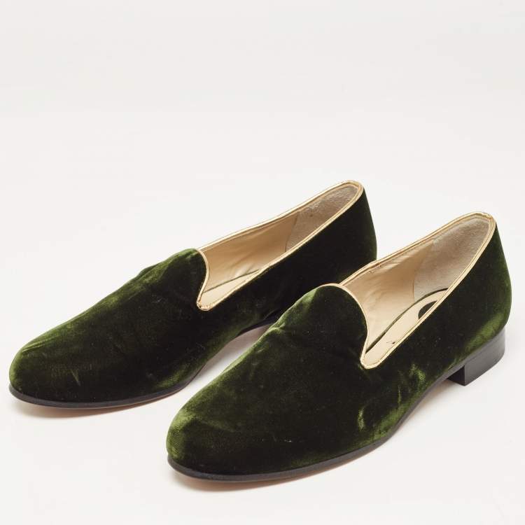 Pre Owned Etro Dark Green Velvet Slip On Loafers Size 36
