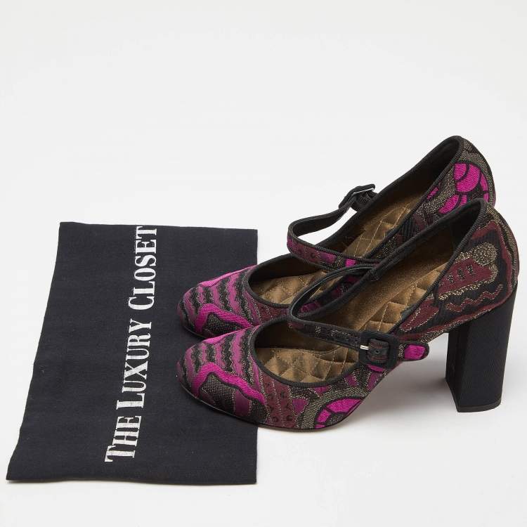 Pre Owned Etro Purple/Black Brocade Fabric Block Heel Pumps Size 37