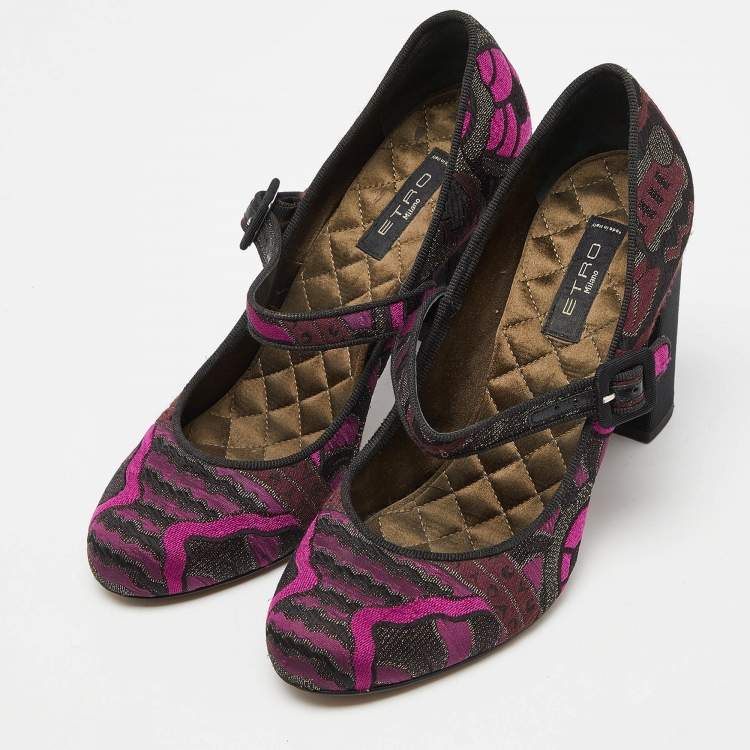 Pre Owned Etro Purple/Black Brocade Fabric Block Heel Pumps Size 37