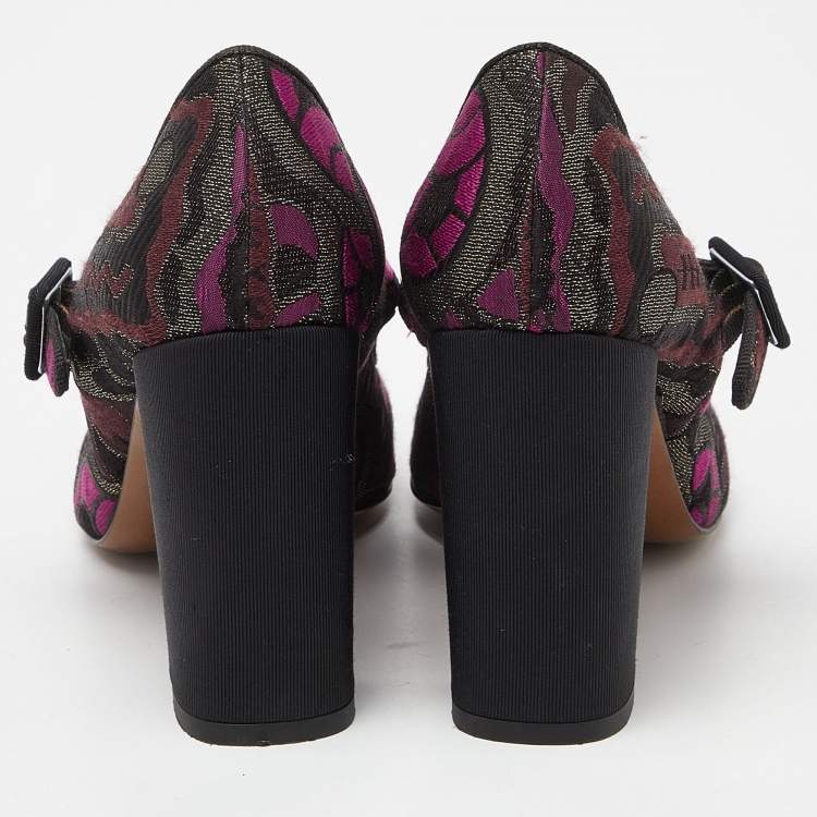 Pre Owned Etro Purple/Black Brocade Fabric Block Heel Pumps Size 37
