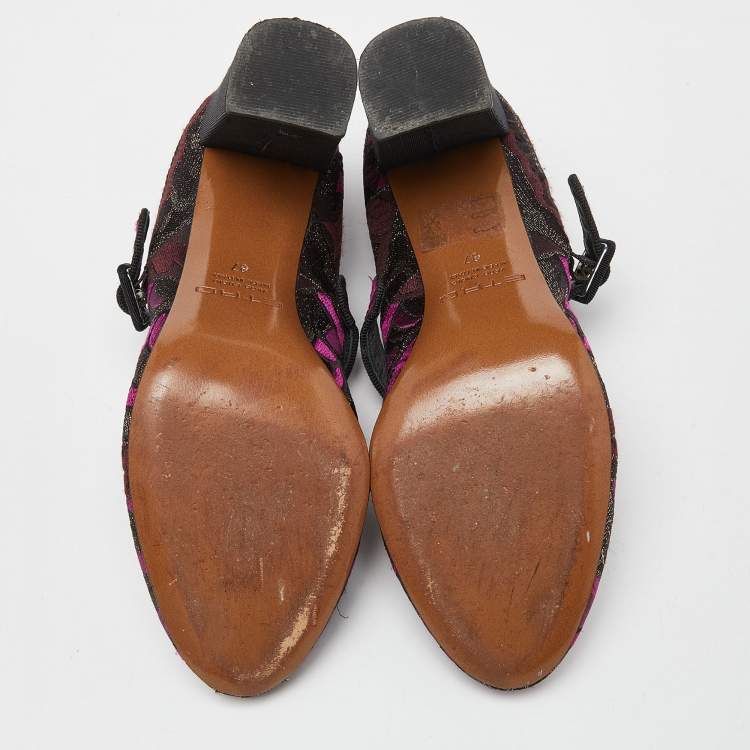 Pre Owned Etro Purple/Black Brocade Fabric Block Heel Pumps Size 37