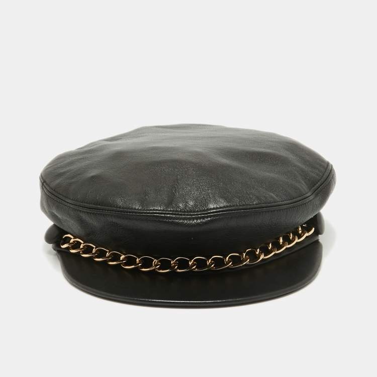 Pre Owned Eugenia Kim Black Leather Chain Embellished Cap S