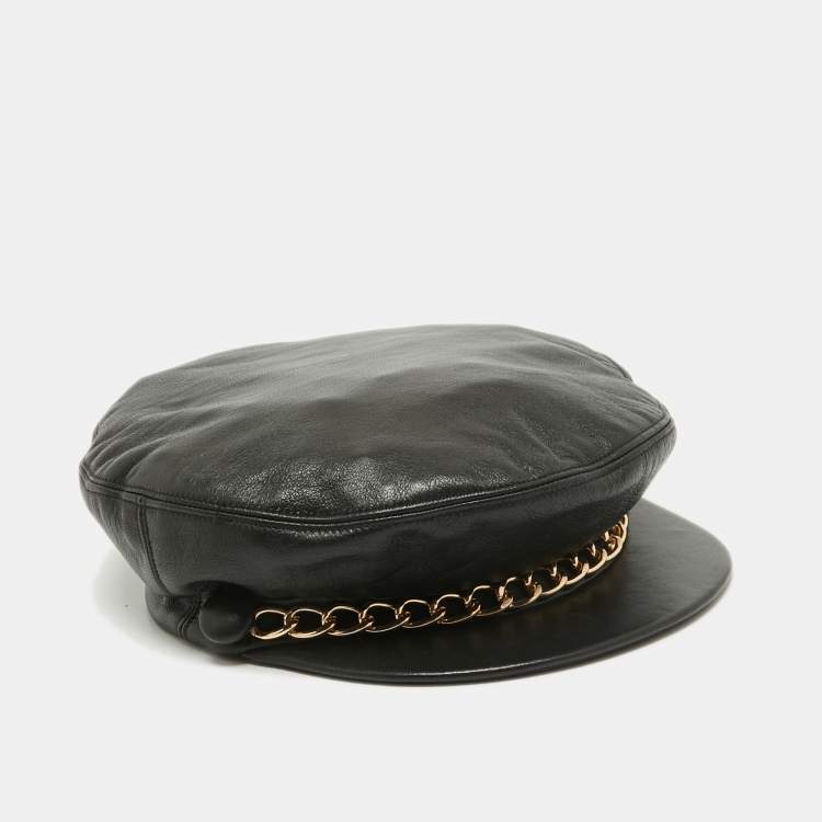 Pre Owned Eugenia Kim Black Leather Chain Embellished Cap S