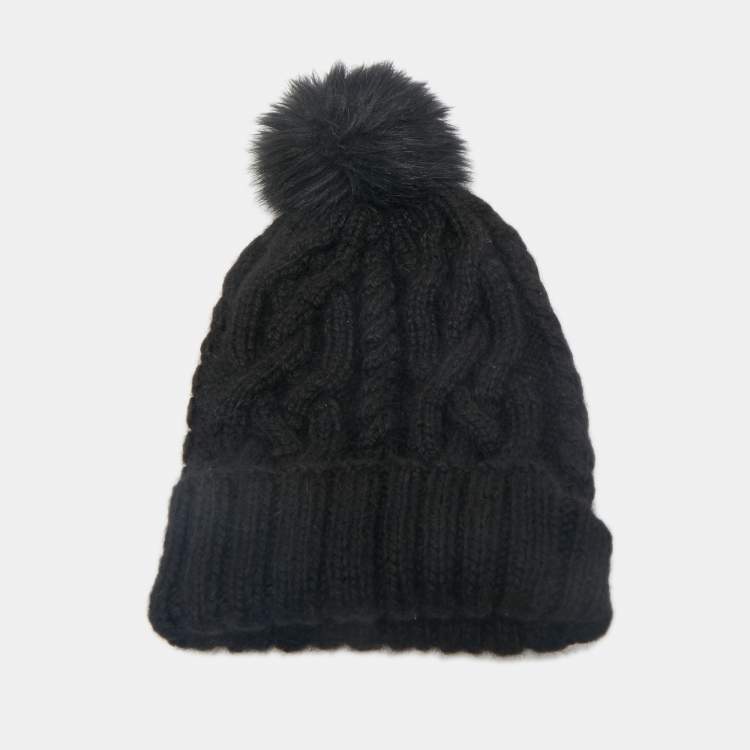 Pre Owned Eugenia Kim Black Baby Alpaca Cable Knit Pom Pom Beanie One Size 