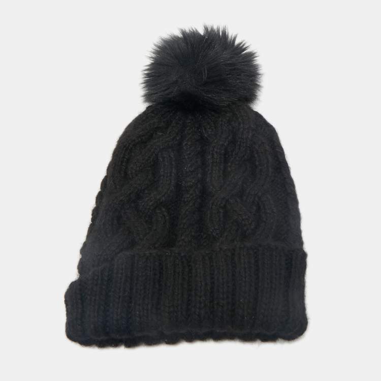 Pre Owned Eugenia Kim Black Baby Alpaca Cable Knit Pom Pom Beanie One Size 