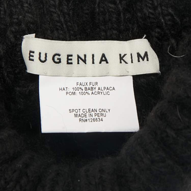 Pre Owned Eugenia Kim Black Baby Alpaca Cable Knit Pom Pom Beanie One Size 