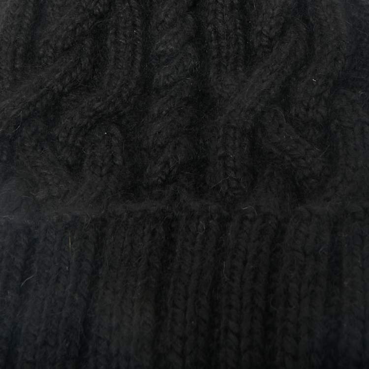 Pre Owned Eugenia Kim Black Baby Alpaca Cable Knit Pom Pom Beanie One Size 