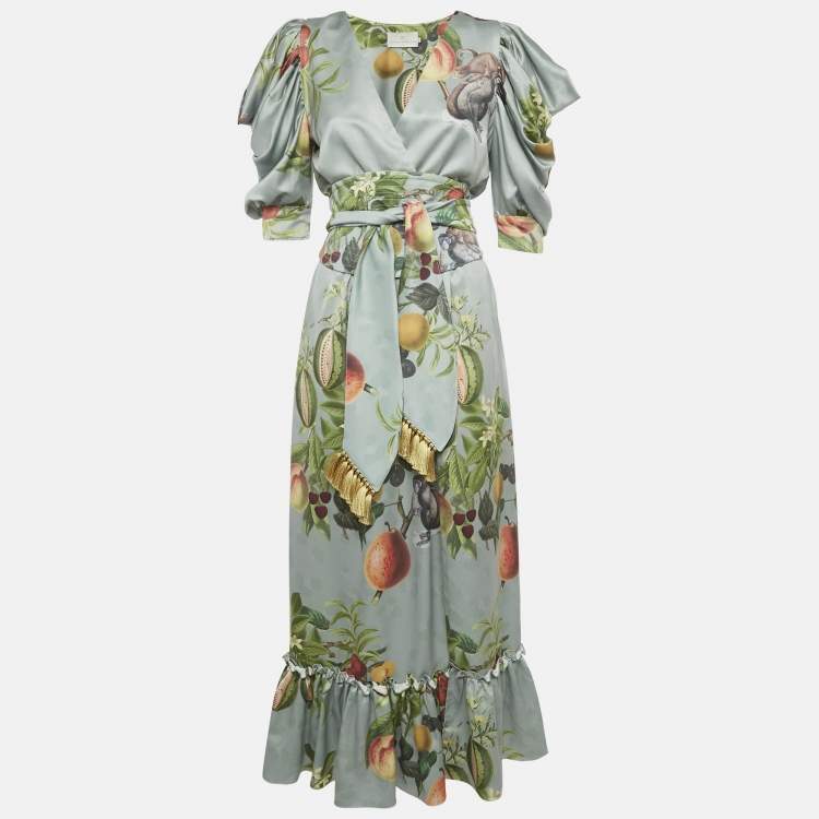 Pre Owned   Eugenia Fernandez Sage Green Printed Satin Palma Maxi Dress XS