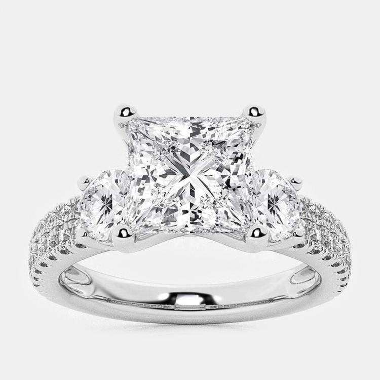 Pre Owned 14K White Gold Princess & Round Lab Grown Diamond Engagement Ring with Double Row Side Accents US 7 (3 ctw) 